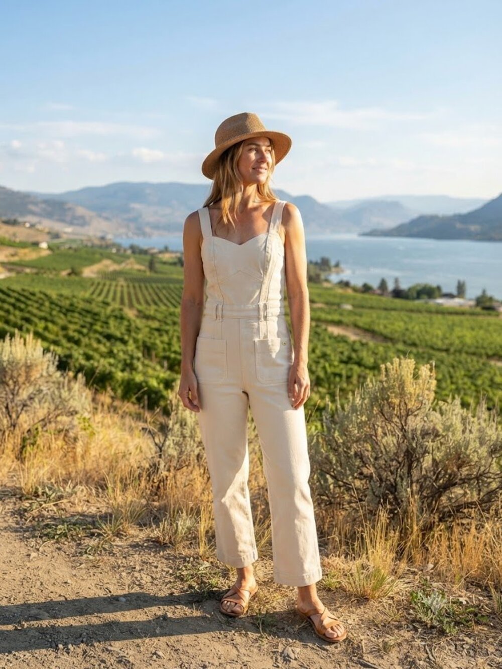 Women's Cream Denim Overalls Jumpsuit